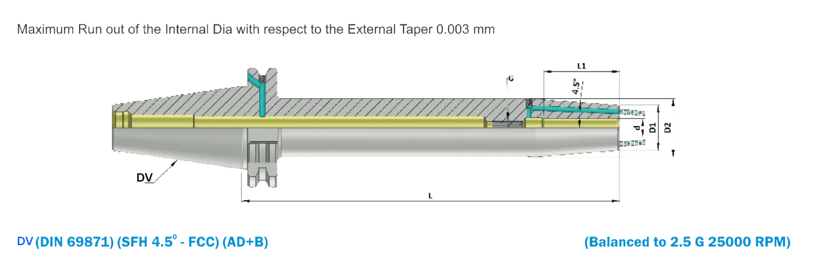 DV50 SFH04 200 (AD+B) Extra Long Length Shrink Fit Holder With Face Coolant Channel (FCC) Balanced to 2.5G 25,000 RPM (DIN 69871) (DIN ISO 7388 - 1)